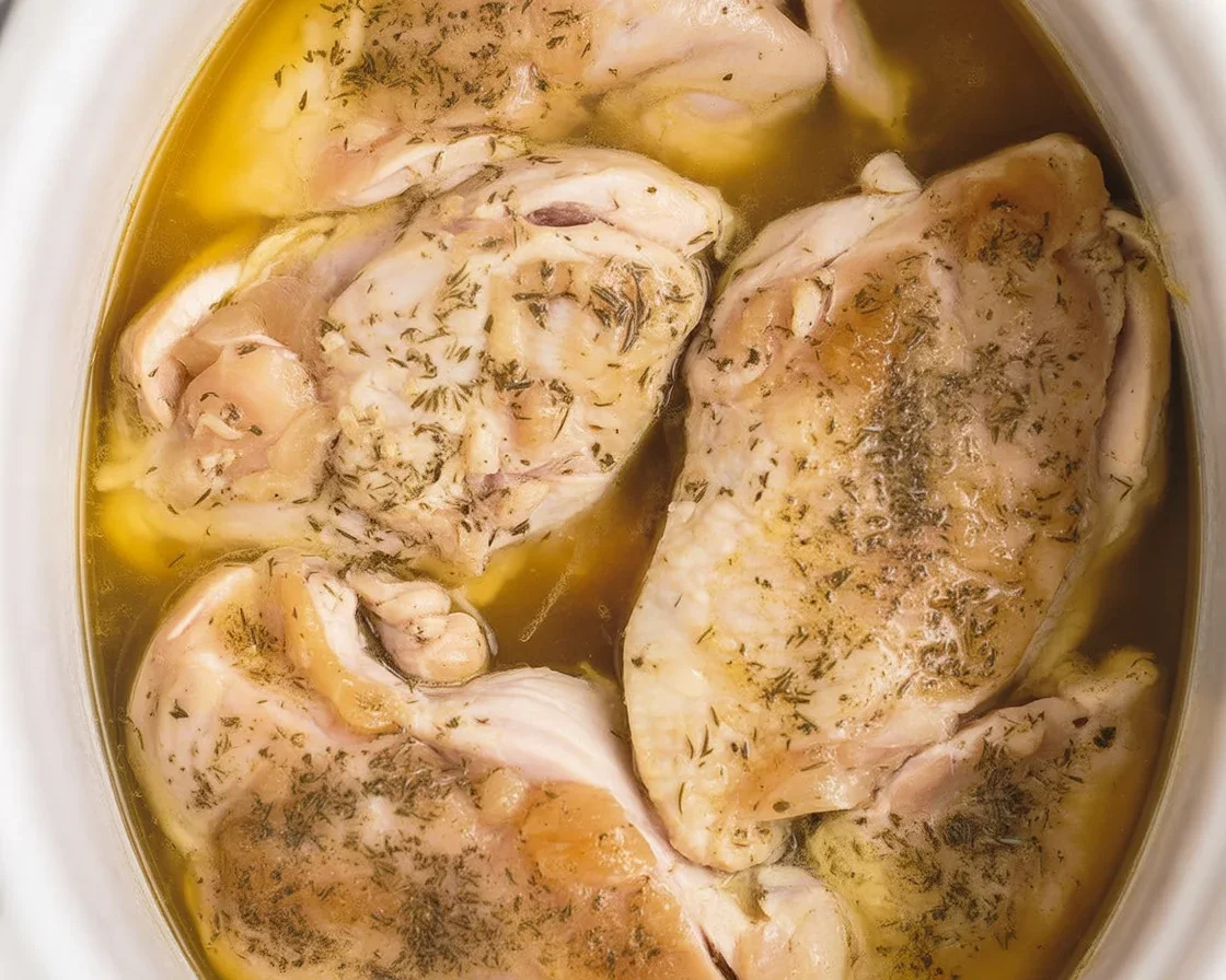 A deliciously juicy crockpot chicken breast served with fresh herbs and spices.