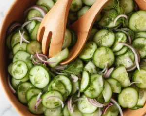 Refreshing cucumber salad with sliced cucumbers, red onion, and vinaigrette dressing.