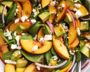 Colorful peach salad with spinach, avocado, feta cheese, and a honey vinaigrette dressing.