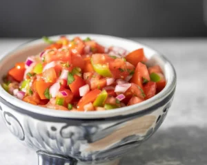 Bowl of fresh salsa made with ripe tomatoes, onions, and jalapeños.