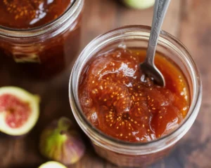 Homemade fig jam spread on a wooden board with fresh figs and ingredients.