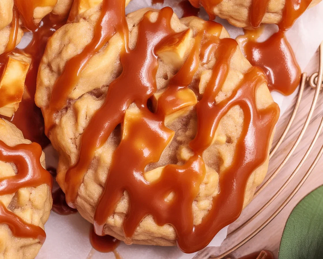 Soft and chewy caramel apple cookies drizzled with salted caramel and baked with cinnamon apples.