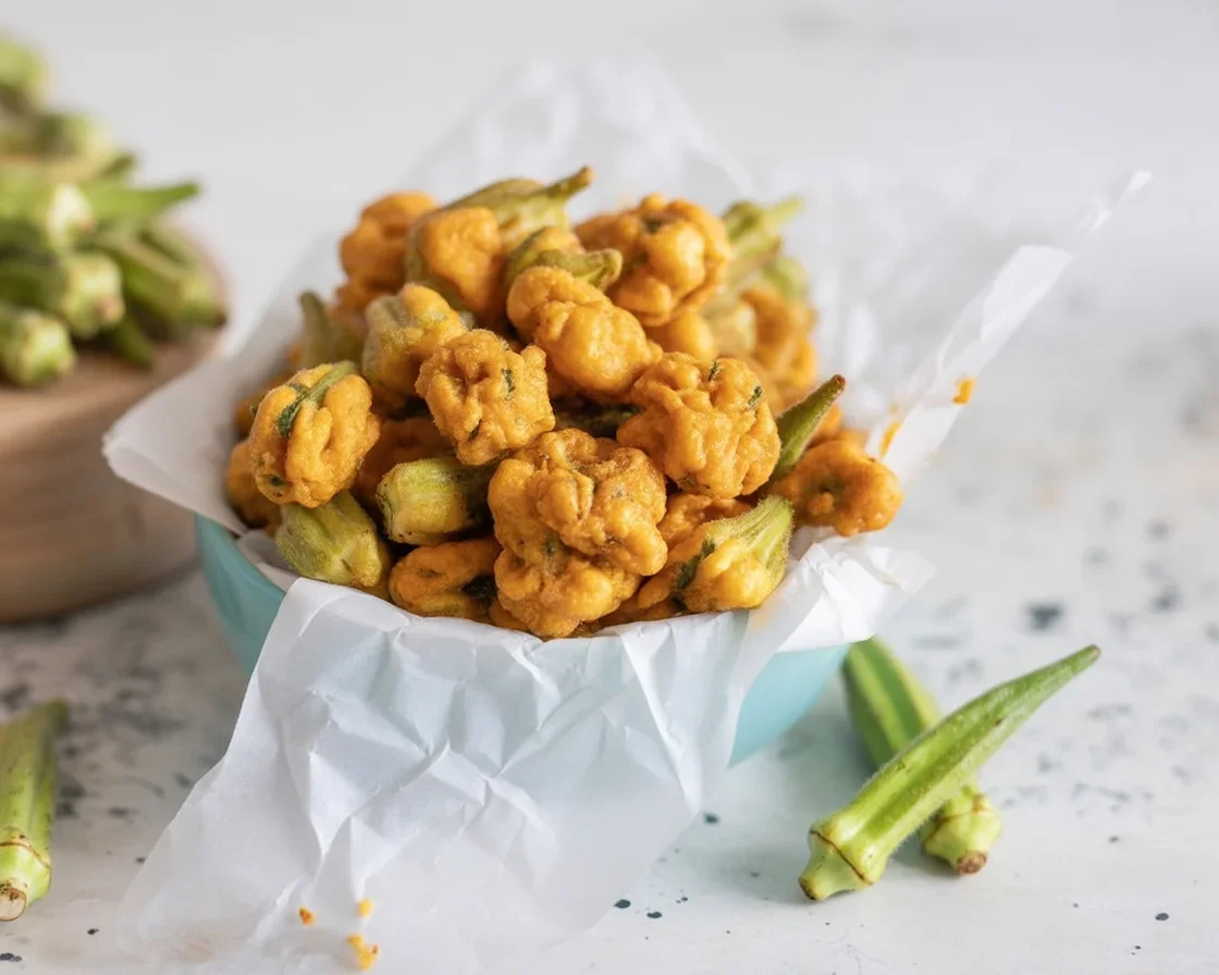 Crispy Southern fried okra with a golden cornmeal crust on a plate.