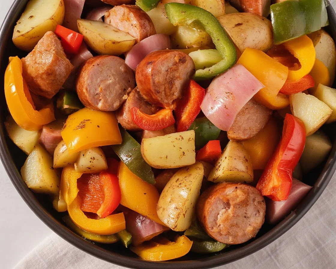 Quick and easy Air Fryer Chicken Sausage and Veggies served in a bowl.