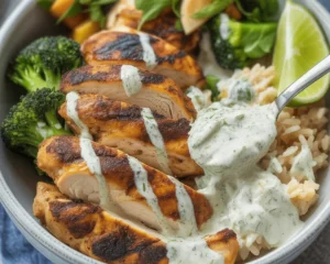 Grilled Chicken & Broccoli Bowls with Creamy Garlic Sauce served in a bowl