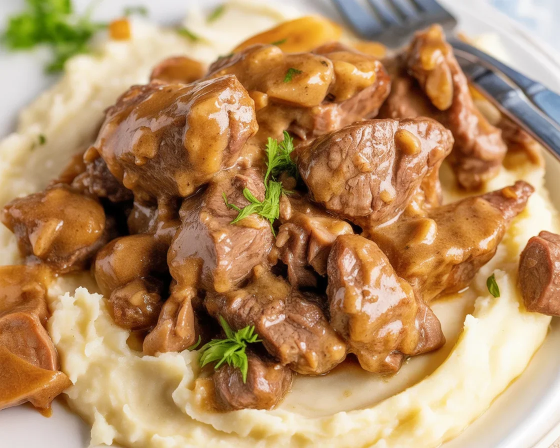 High protein slow cooker garlic butter beef bites with tender steak and garlic sauce