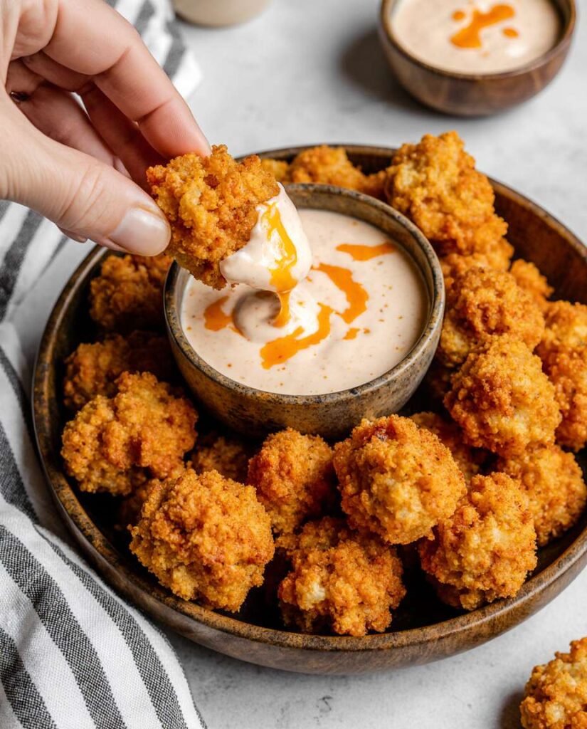 Air fryer buffalo cauliflower bites served in a rustic bowl with creamy ranch dipping sauce, styled for Pinterest food pin.