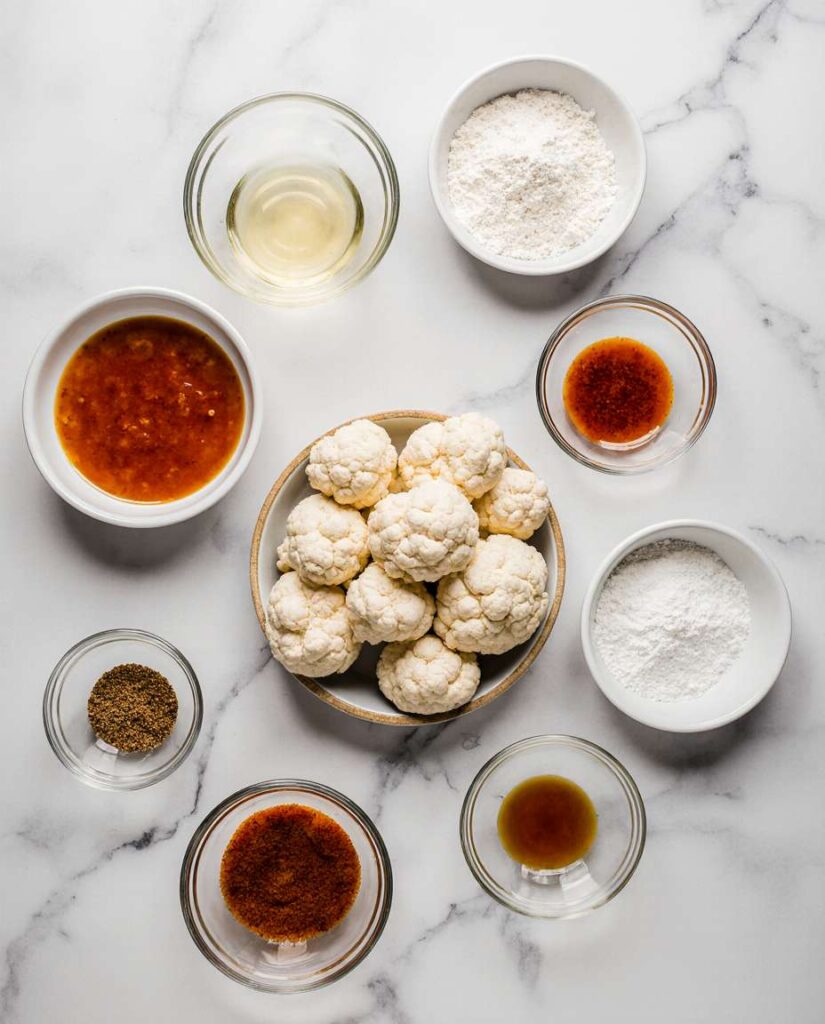 Flat lay of cauliflower florets, buffalo sauce, flour, and spices arranged on a white marble surface for air fryer buffalo cauliflower recipe.