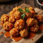 Crispy golden air fryer buffalo cauliflower bites drizzled with spicy buffalo sauce on a rustic table.
