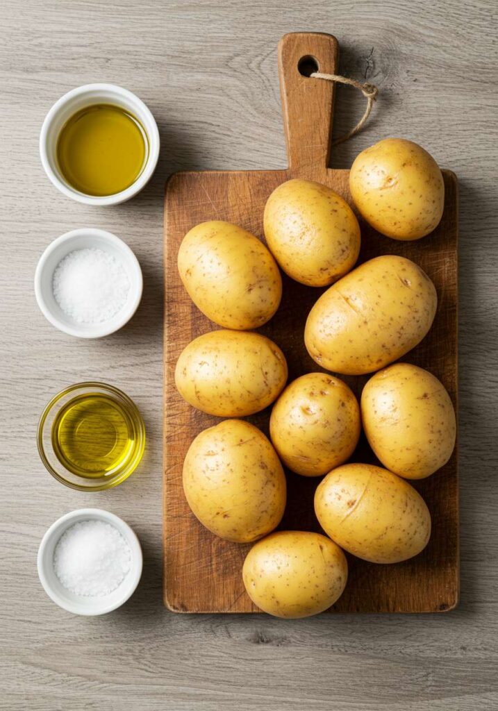 Flat lay of russet potatoes, olive oil, and salt for air fryer baked potato recipe.