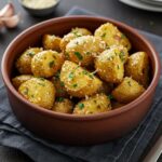 Golden roasted garlic parmesan potatoes in a rustic bowl topped with parsley.