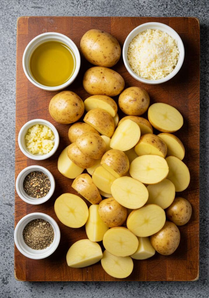 Flat lay of potatoes, garlic, parmesan, and olive oil for air fryer garlic parmesan potatoes recipe.