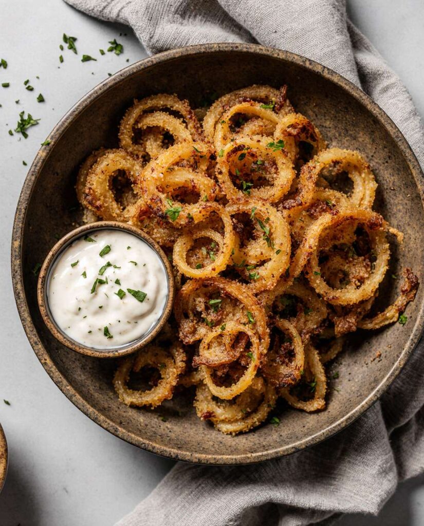 Tall vertical Pinterest-style shot of crispy golden air fryer onions in a bowl, with a sprinkle of salt and dipping sauce on the side.
