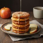 Golden crispy air fryer apple fritters drizzled with glaze and served with fresh apple slices.