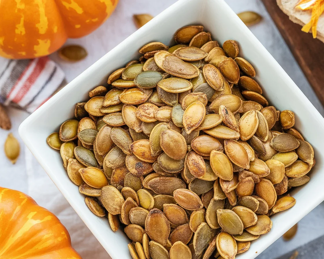 Crispy roasted Air Fryer Pumpkin Seeds in a bowl, seasoned and ready to eat.
