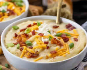Bowl of Loaded Potato Soup topped with bacon, cheese, and chives, perfect for winter meals.
