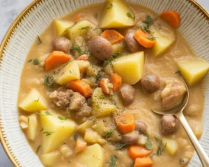 Bowl of creamy Potato Sausage Chowder Dinner with sausage, potatoes, and corn.
