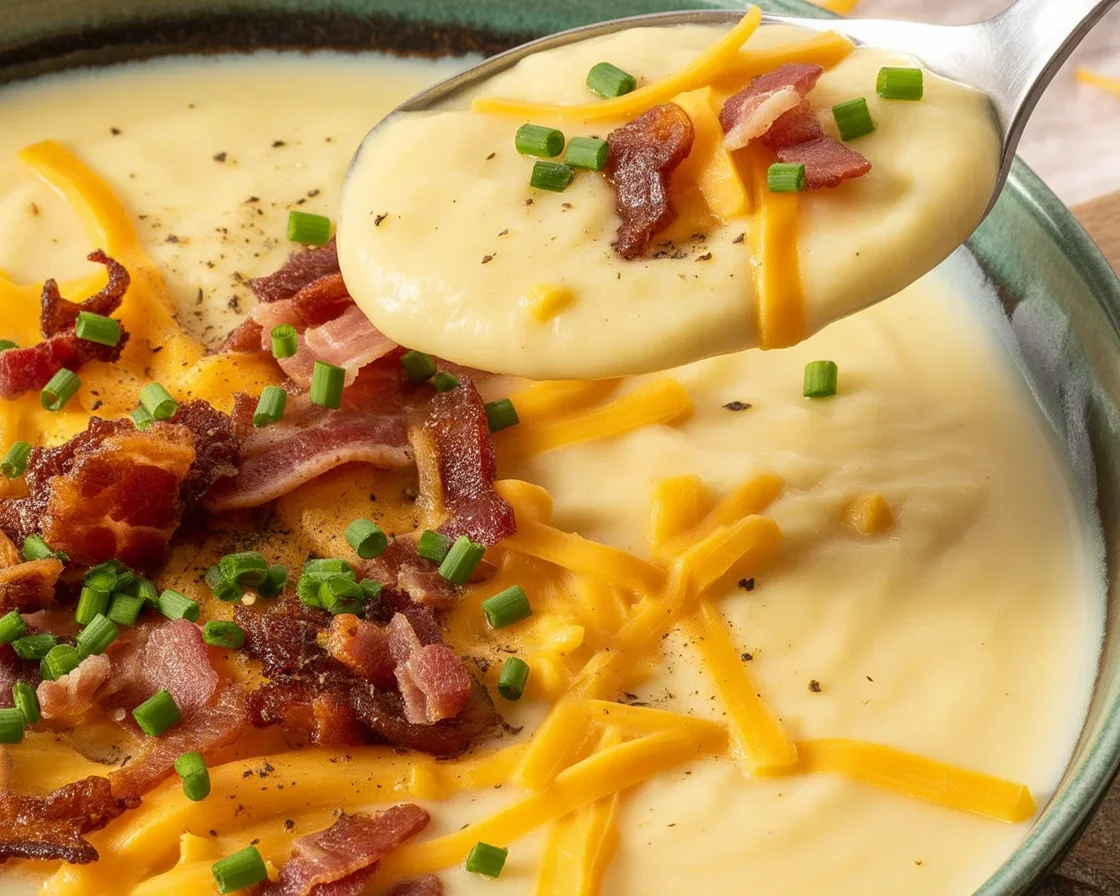 A bowl of loaded potato soup topped with cheese, bacon, and chives, perfect for chilly days.