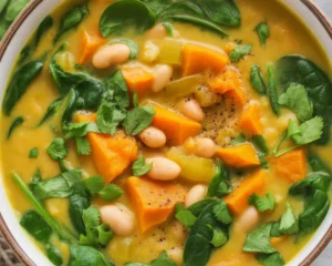 Creamy Spiced Sweet Potato Soup with Coconut, Lime & White Beans served in a bowl