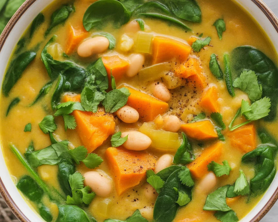 Creamy Spiced Sweet Potato Soup with Coconut, Lime & White Beans served in a bowl