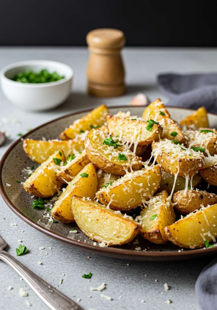 Tall vertical image of crispy garlic parmesan potatoes with melted cheese and parsley garnish.