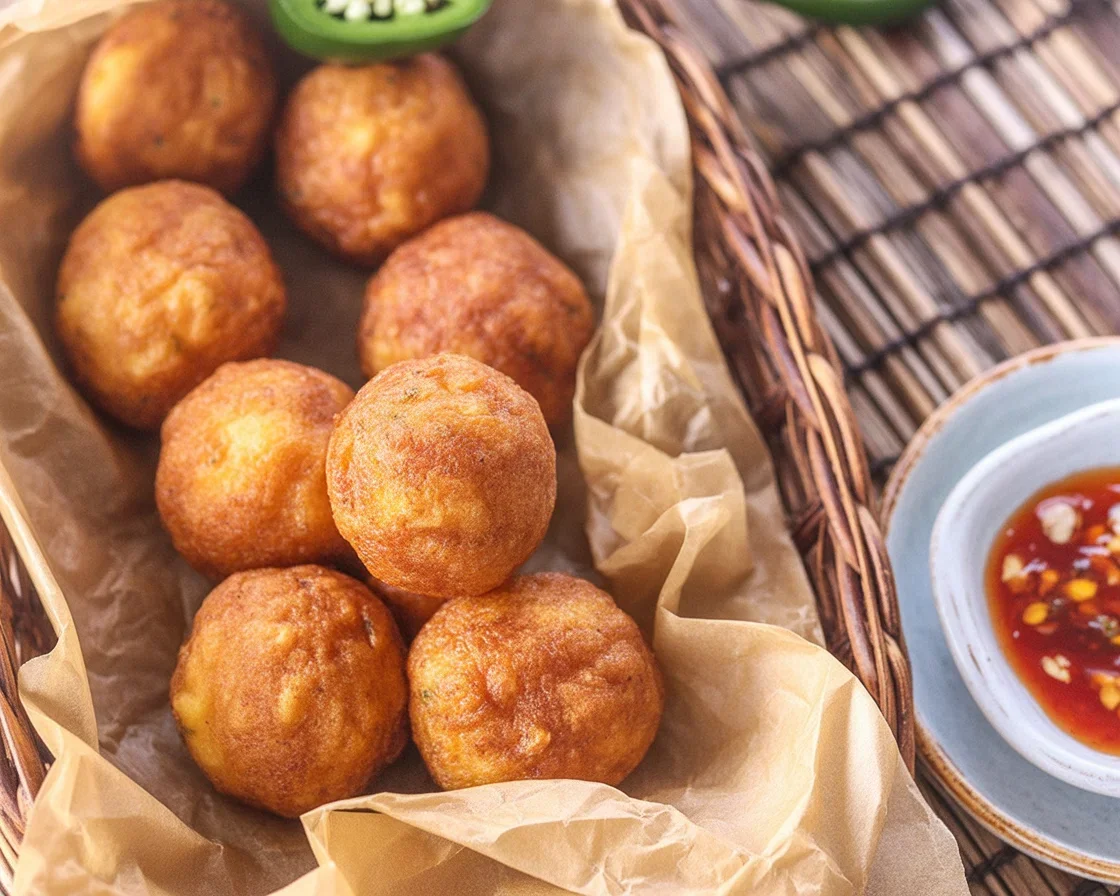 Delicious crispy cheese jalapeno balls served as a tasty appetizer.