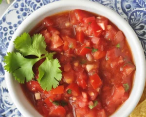 Fresh Salsa Recipe with diced tomatoes, onions, and jalapeños in a bowl.