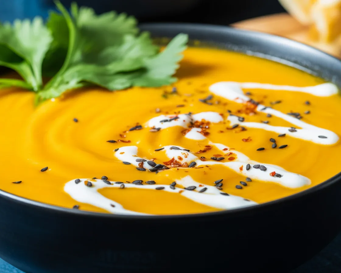 Delicious Thai Sweet Potato Soup garnished with fresh herbs and spices.