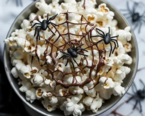 Spooky Spiderweb Popcorn in a Halloween-themed bowl with spider web decorations.