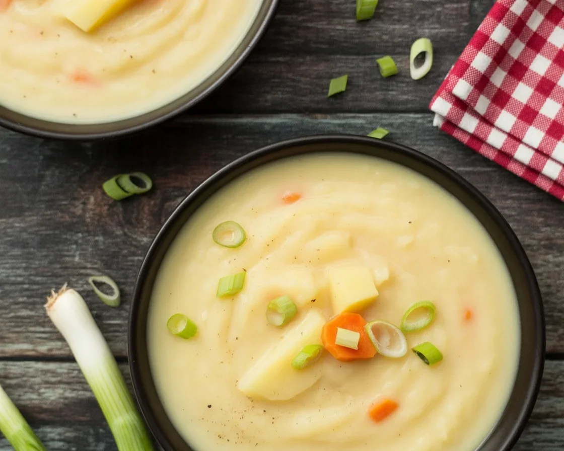 A delicious bowl of creamy German Potato Soup (Kartoffelsuppe) with vegetables and bacon.