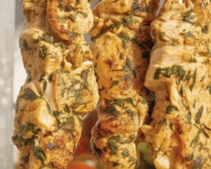 Grilled Ranch Garlic Parmesan Chicken Skewers on a barbecue grill