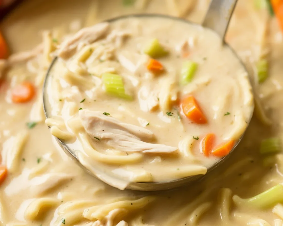 Bowl of creamy chicken soup with vegetables and herbs for a comforting meal.