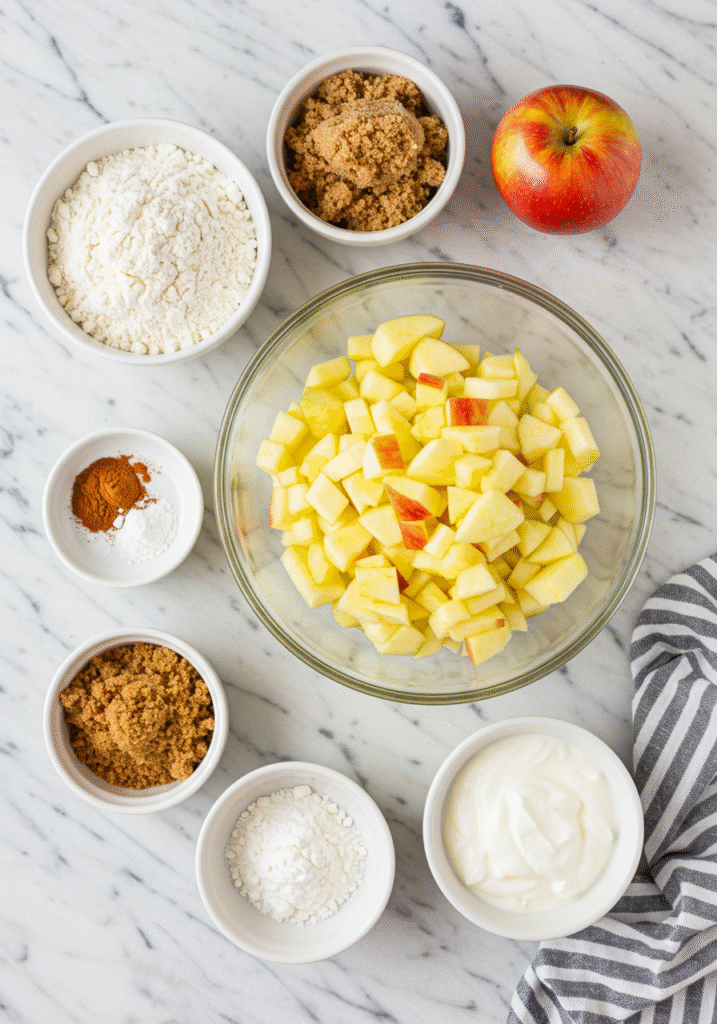 Flat lay of apples, flour, cinnamon, brown sugar, and yogurt for making healthy apple fritters.