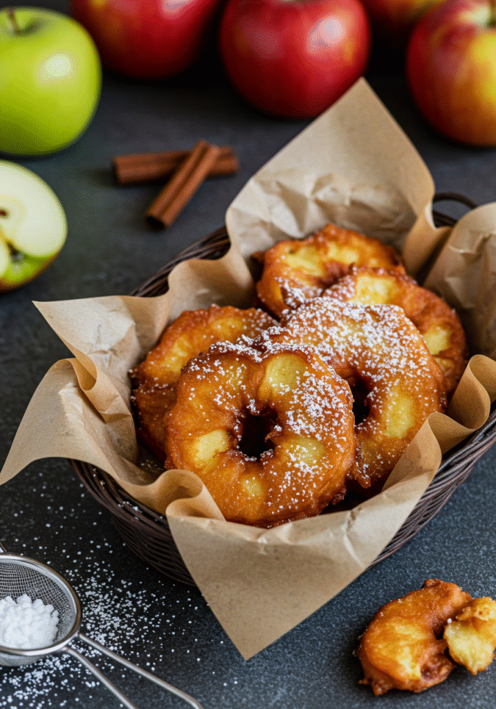 Tall vertical shot of golden apple fritters in a basket, dusted with powdered sugar, styled for Pinterest.