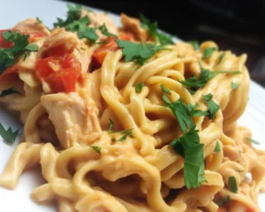 Creamy Spicy Southern Chicken Spaghetti Casserole with pasta and cheese