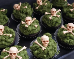 Mossy cupcakes decorated with aged skull and crossbones, representing 'Let Nature Run Its Corpse' Cakes.