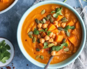 A bowl of Sweet Potato, Chickpea and Red Lentil Soup garnished with fresh herbs.
