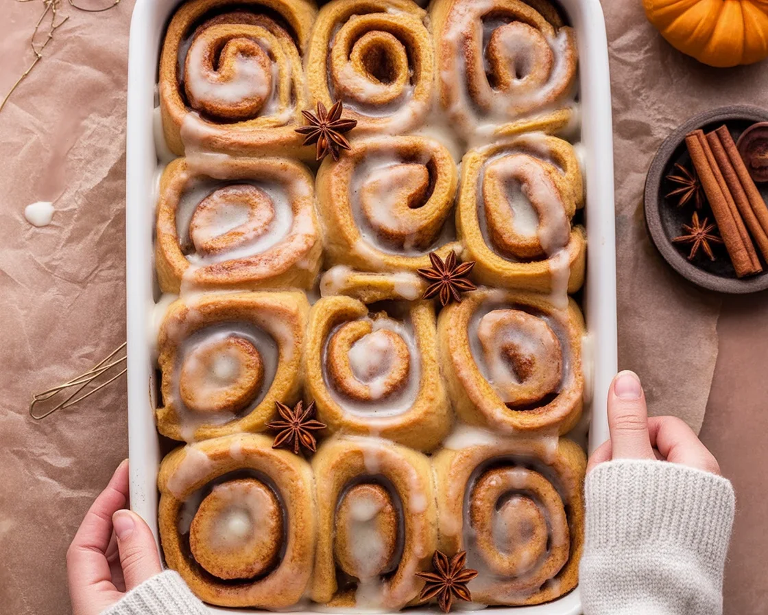 Fluffy Pumpkin Cinnamon Rolls with cream cheese icing, perfect for fall mornings.