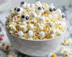 Ghostly White Chocolate Popcorn topped with candy eyes for Halloween festivities.
