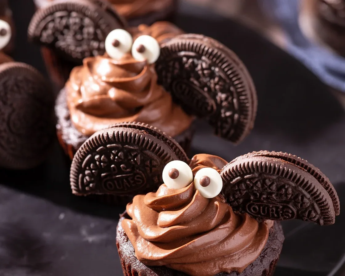 Spooky Halloween Bat Muffins decorated with chocolate frosting and cookie wings
