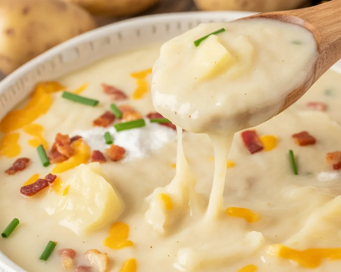 A bowl of creamy Loaded Potato Soup topped with bacon, cheese, and chives.