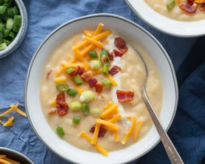 Creamy Loaded Potato Soup topped with bacon, cheese, and scallions