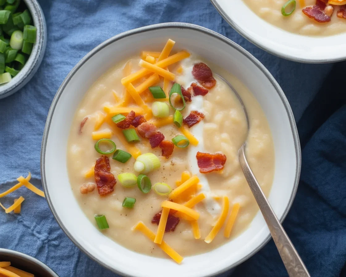 Creamy Loaded Potato Soup topped with bacon, cheese, and scallions