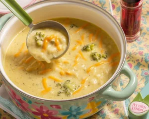 Delicious bowl of creamy Broccoli Cheese Soup topped with cheddar cheese.