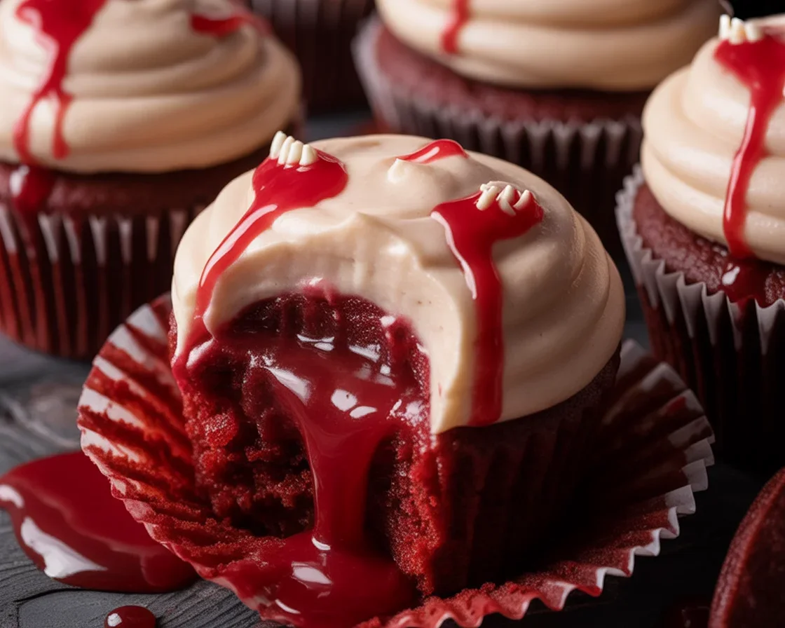 Halloween Ampire Bite Cupcakes filled with strawberry jam and spooky frosting
