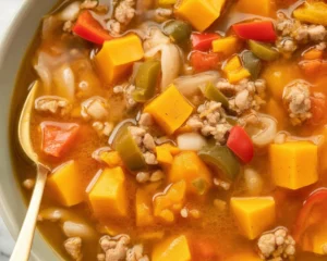 Bowl of Sausage and Sweet Potato Soup garnished with herbs