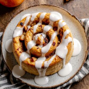 Apple cinnamon roll topped with glaze on a rustic plate