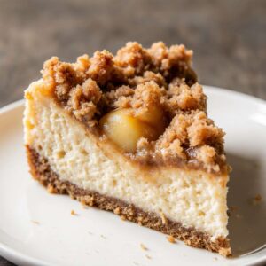 Apple crumble cheesecake slice with cinnamon streusel topping