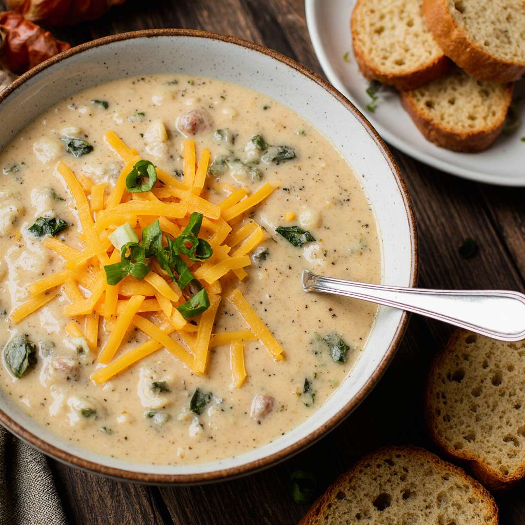 Creamy cheddar garlic herb potato soup topped with cheese and herbs.