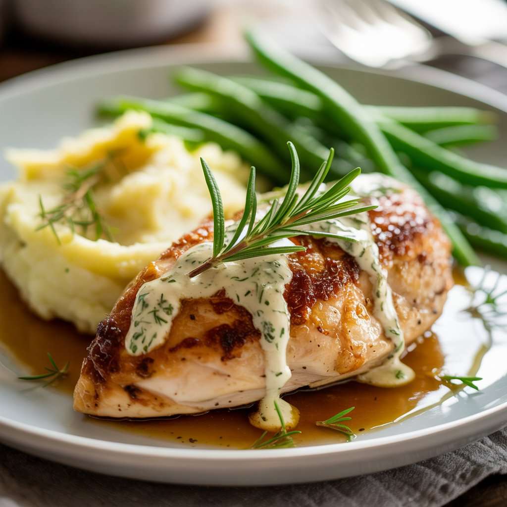 Plate of easy creamy garlic chicken garnished with herbs